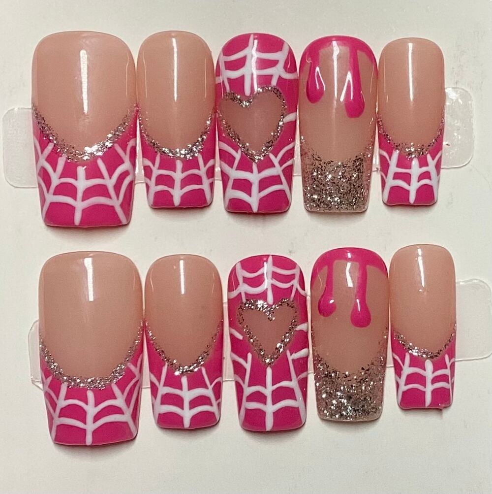 Ghost Spider Gwen Pink Spiderman French Tip Handmade Square Press-On Nails Large